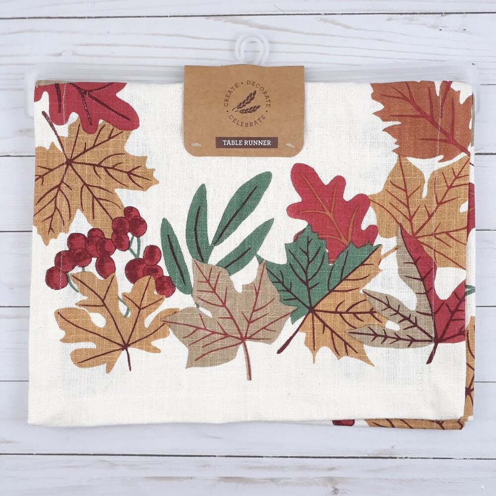 Fall Table Runner 14x70 Harvest Medley Leaves Berries Cotton